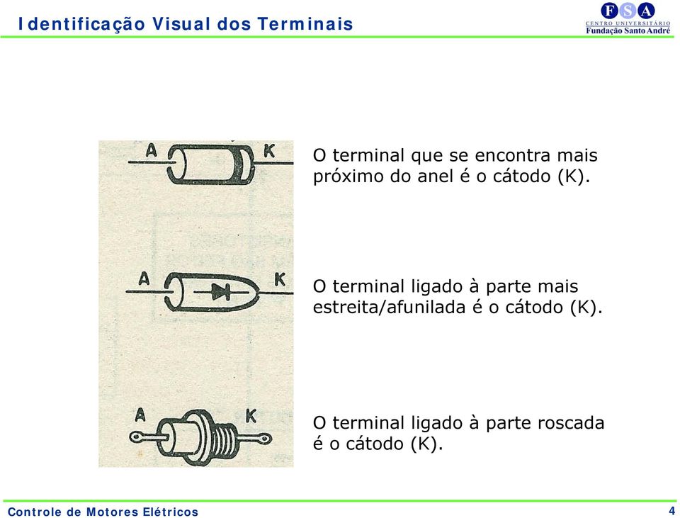 O terminal ligado à parte mais estreita/afunilada é o cátodo