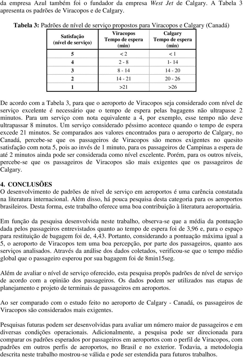 8-14 14-20 2 14-21 20-26 1 >21 >26 De acordo com a Tabela 3, para que o aeroporto de Viracopos seja considerado com nível de serviço excelente é necessário que o tempo de espera pelas bagagens não