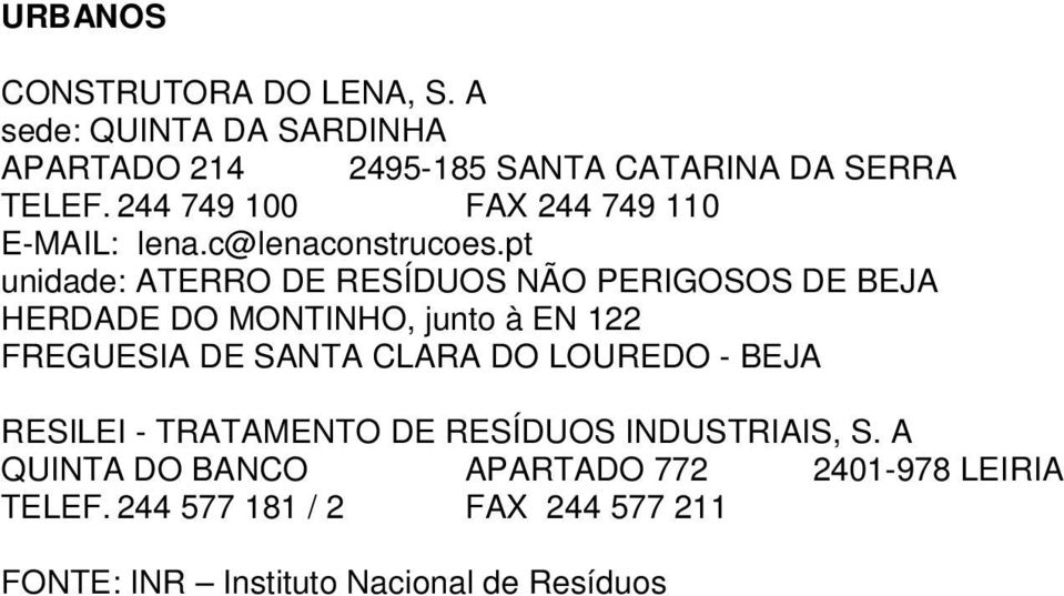 pt unidade: ATERRO DE RESÍDUOS NÃO PERIGOSOS DE BEJA HERDADE DO MONTINHO, junto à EN 122 FREGUESIA DE SANTA CLARA DO