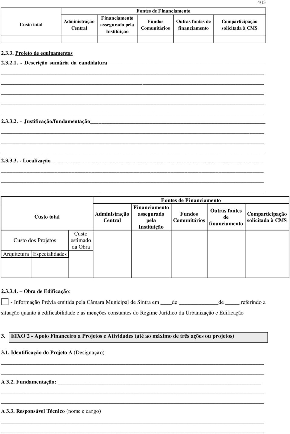 Instituição Fontes de Financiamento Fundos Comunitários Outras fontes de 2.3.3.4.