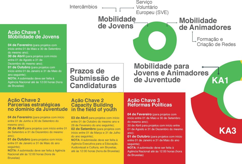 Intercâmbios Mobilidade de Jovens Prazos de Submissão de Candidaturas Serviço Voluntário Europeu (SVE) Mobilidade de Animadores Mobilidade para Jovens e Animadores de Juventude Formação e Criação de