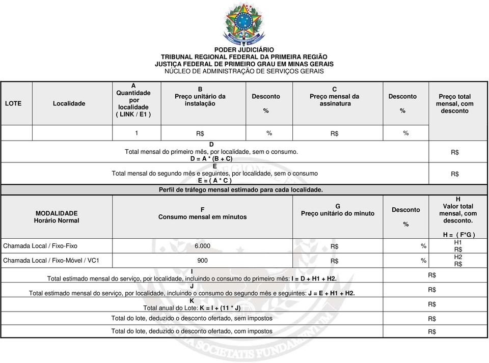 D = A * (B + C) E Total mensal do segundo mês e seguintes, por localidade, sem o consumo E = ( A * C ) Perfil de tráfego mensal estimado para cada localidade.