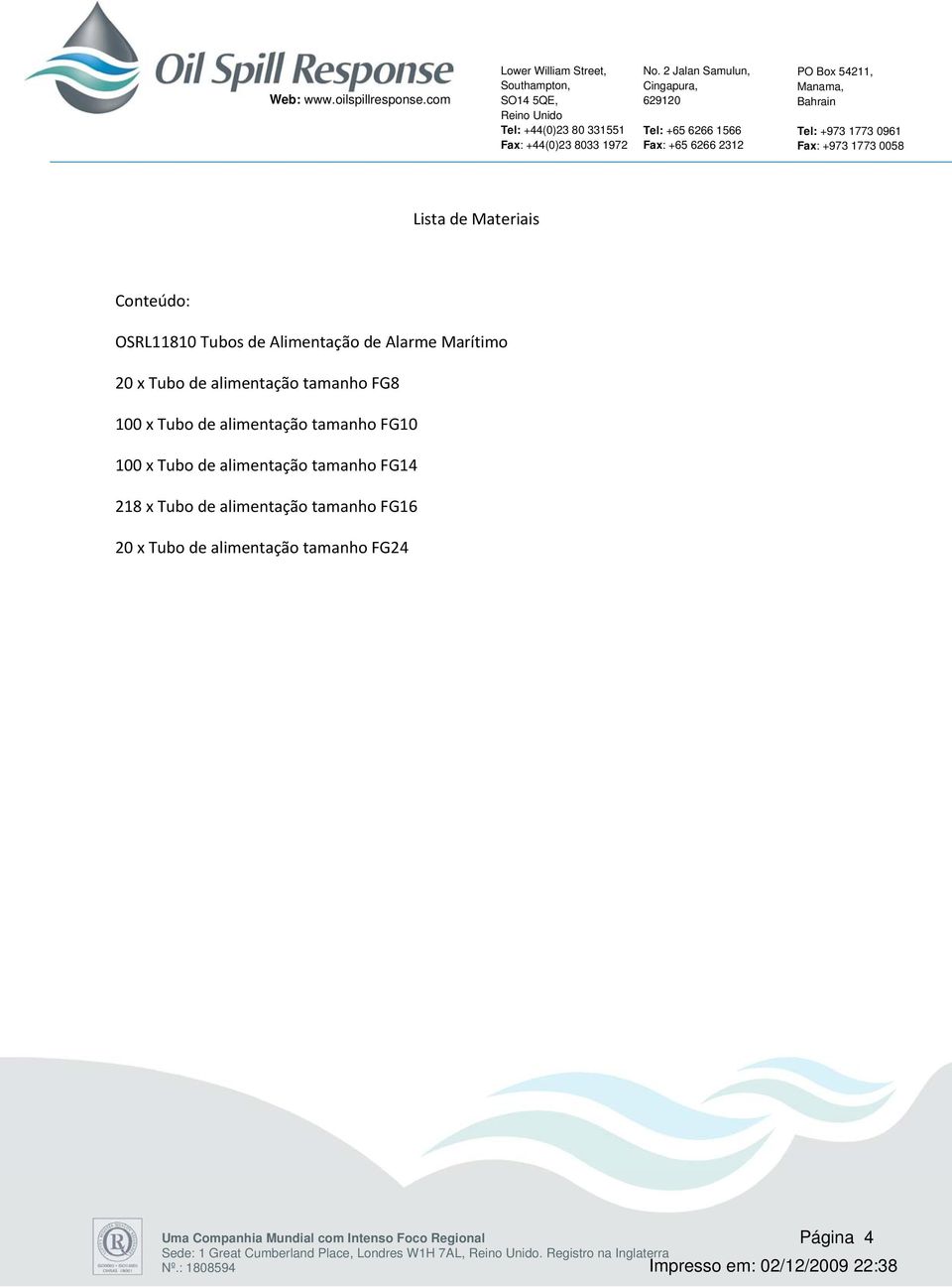 alimentação tamanho FG14 218 x Tubo de alimentação tamanho FG16 20 x Tubo de