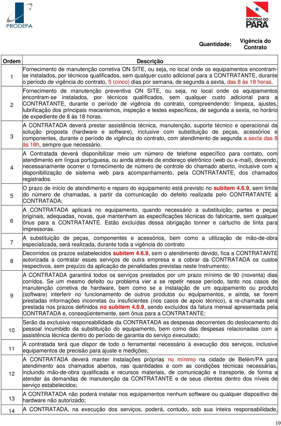 2 3 4 5 6 7 8 9 10 11 12 13 Fornecimento de manutenção preventiva ON SITE, ou seja, no local onde os equipamentos encontram-se instalados, por técnicos qualificados, sem qualquer custo adicional para