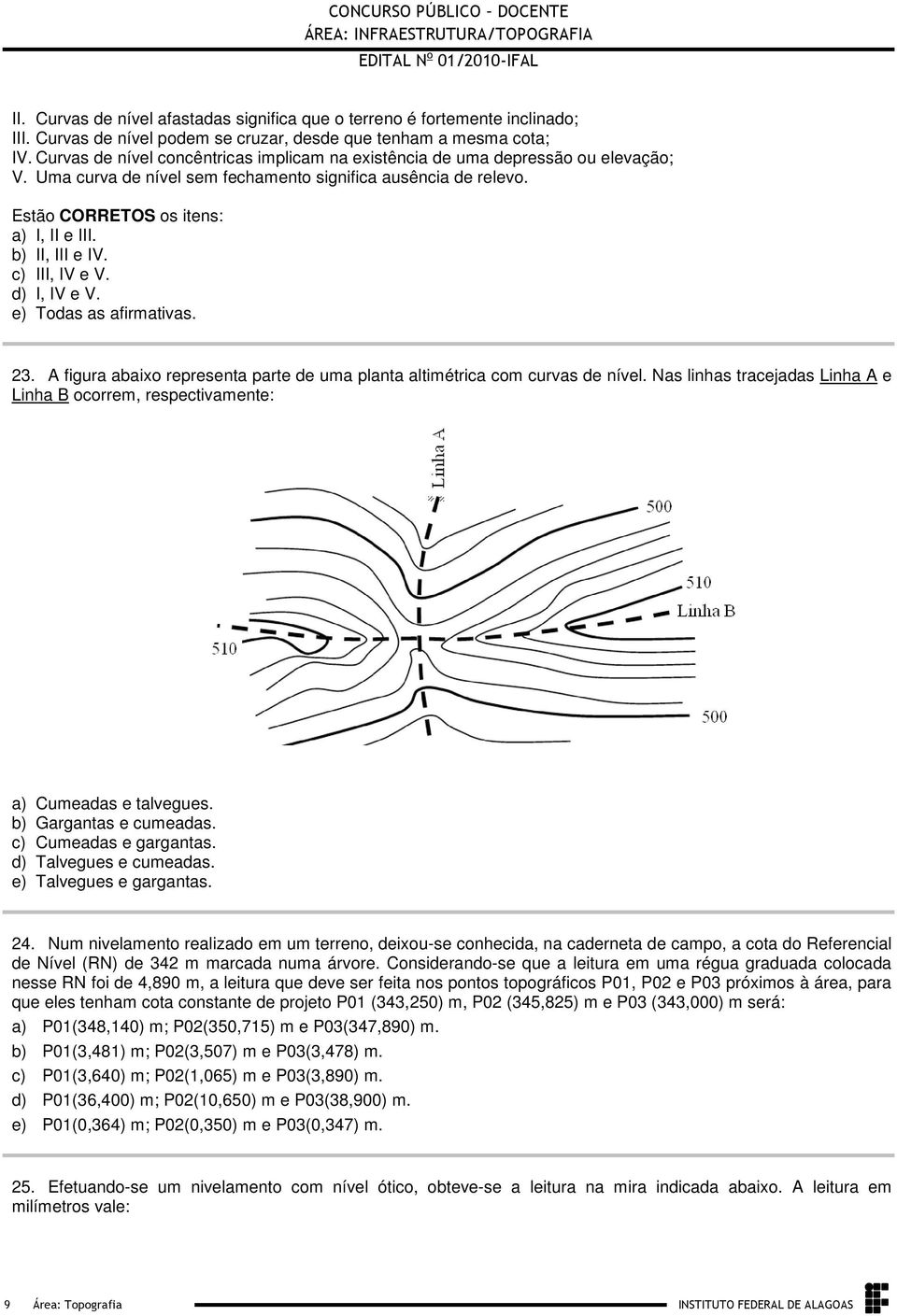 afirmativas 23 A figura abaixo representa parte de uma planta altimétrica com curvas de nível Nas linhas tracejadas Linha A e Linha B ocorrem, respectivamente: a) Cumeadas e talvegues b) Gargantas e