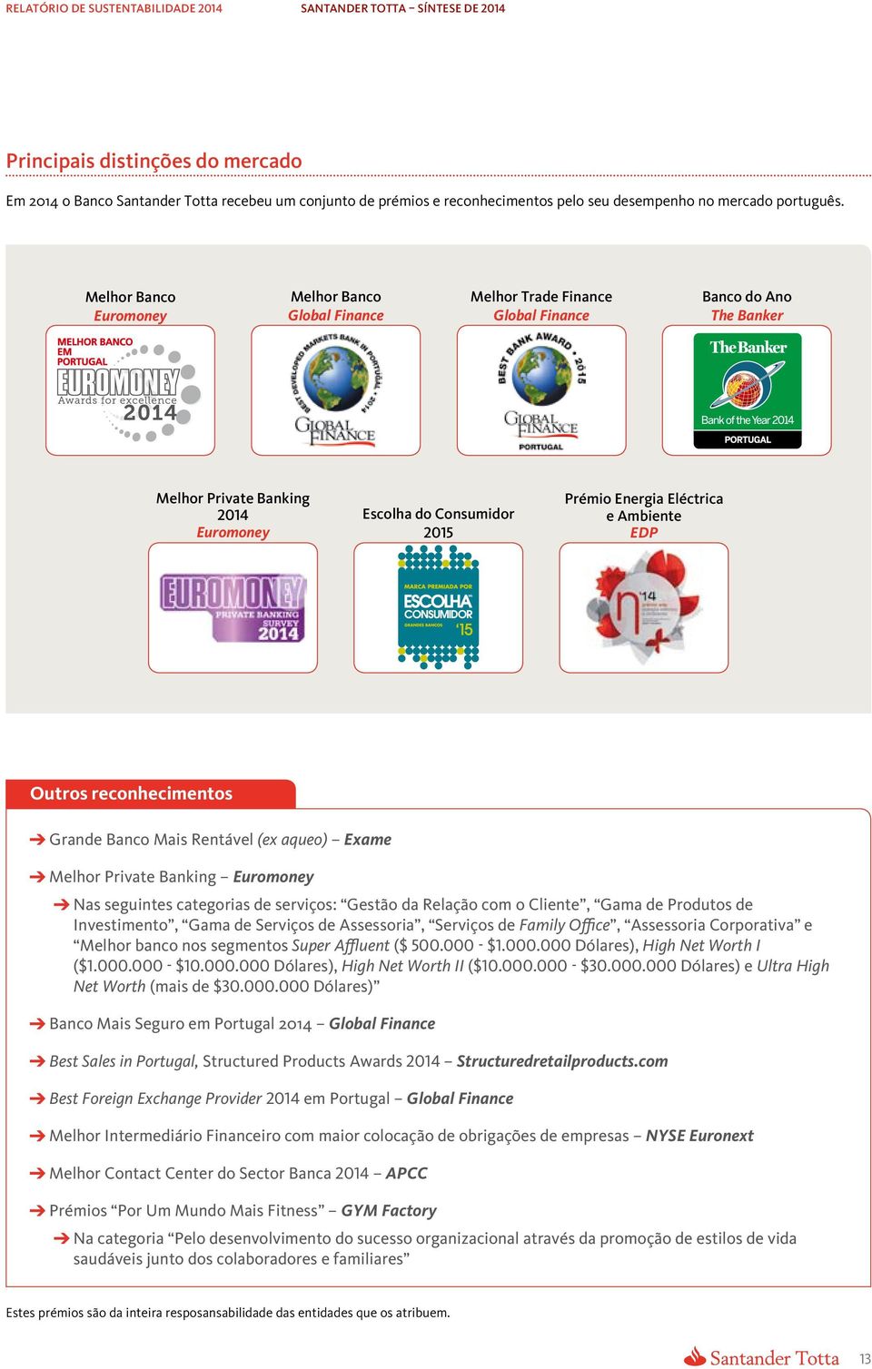 Eléctrica e Ambiente EDP Outros reconhecimentos Grande Banco Mais Rentável (ex aqueo) Exame Melhor Private Banking Euromoney Nas seguintes categorias de serviços: Gestão da Relação com o Cliente,