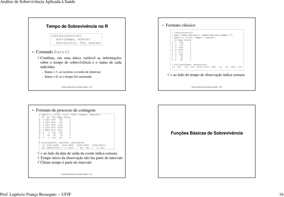 foi censurado + ao lado do tempo de observação indica censura Formato de processo de contagem Funções Básicas de Sobrevivência + ao lado da data de