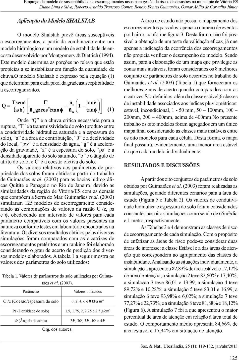 o modelo Shalstab é expresso pela equação (1) que determina para cada pixel da gradeasusceptibilidade a escorregamentos.