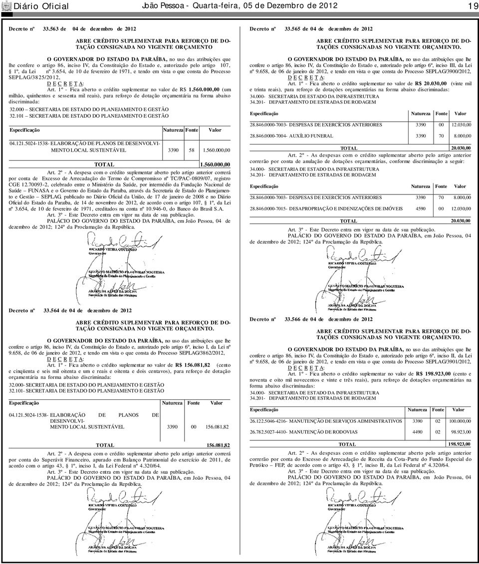 artigo 107, 1º, da Lei nº 3.654, de 10 de fevereiro de 1971, e tendo em vista o que consta do Processo SEP LAG/3825/2012, D E C R E T A: Art. 1º - Fica aberto o crédito suplementar no valor de R$ 1.