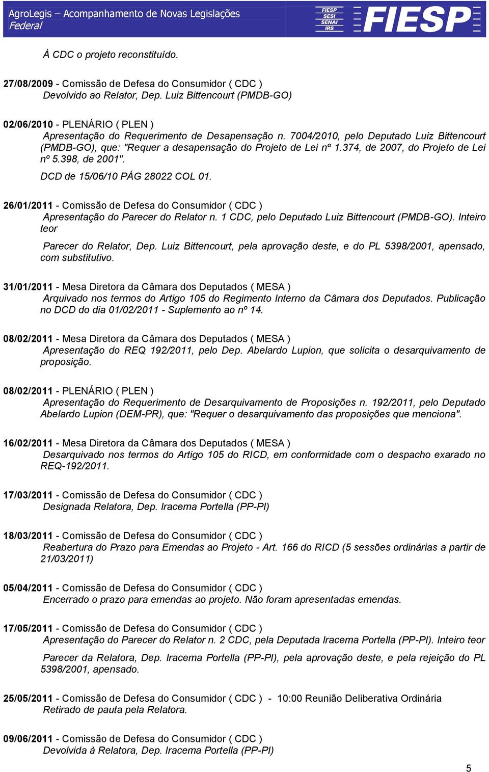 7004/2010, pelo Deputado Luiz Bittencourt (PMDB-GO), que: "Requer a desapensação do Projeto de Lei nº 1.374, de 2007, do Projeto de Lei nº 5.398, de 2001". DCD de 15/06/10 PÁG 28022 COL 01.