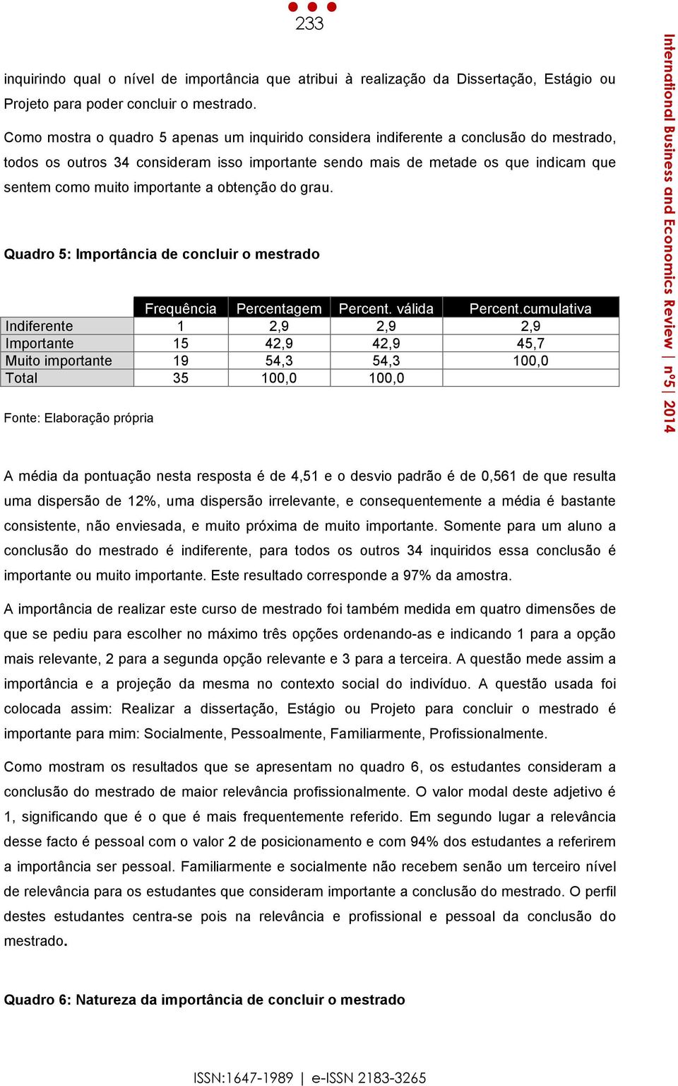 importante a obtenção do grau. Quadro 5: Importância de concluir o mestrado Frequência Percentagem Percent. válida Percent.