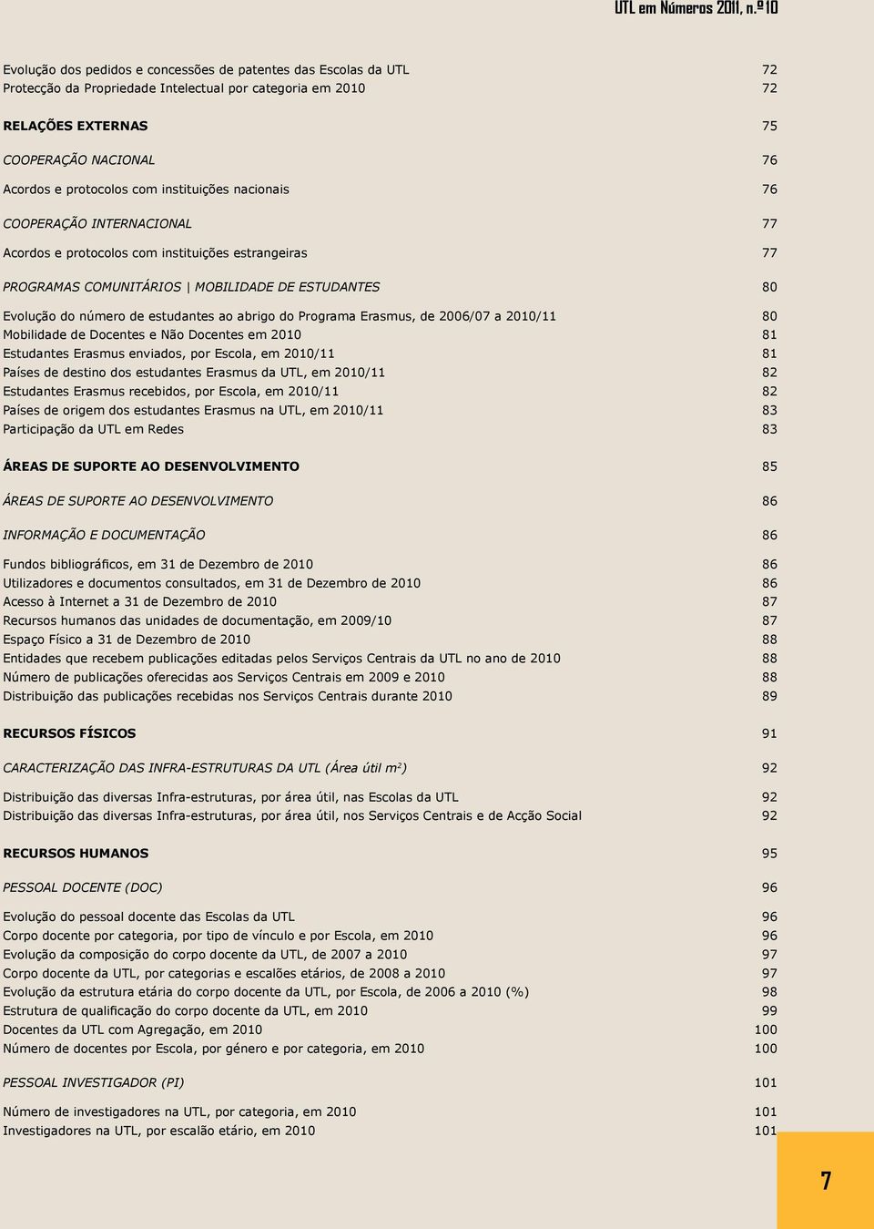 abrigo do Programa Erasmus, de 2006/07 a 2010/11 80 Mobilidade de Docentes e Não Docentes em 2010 81 Estudantes Erasmus enviados, por Escola, em 2010/11 81 Países de destino dos estudantes Erasmus da