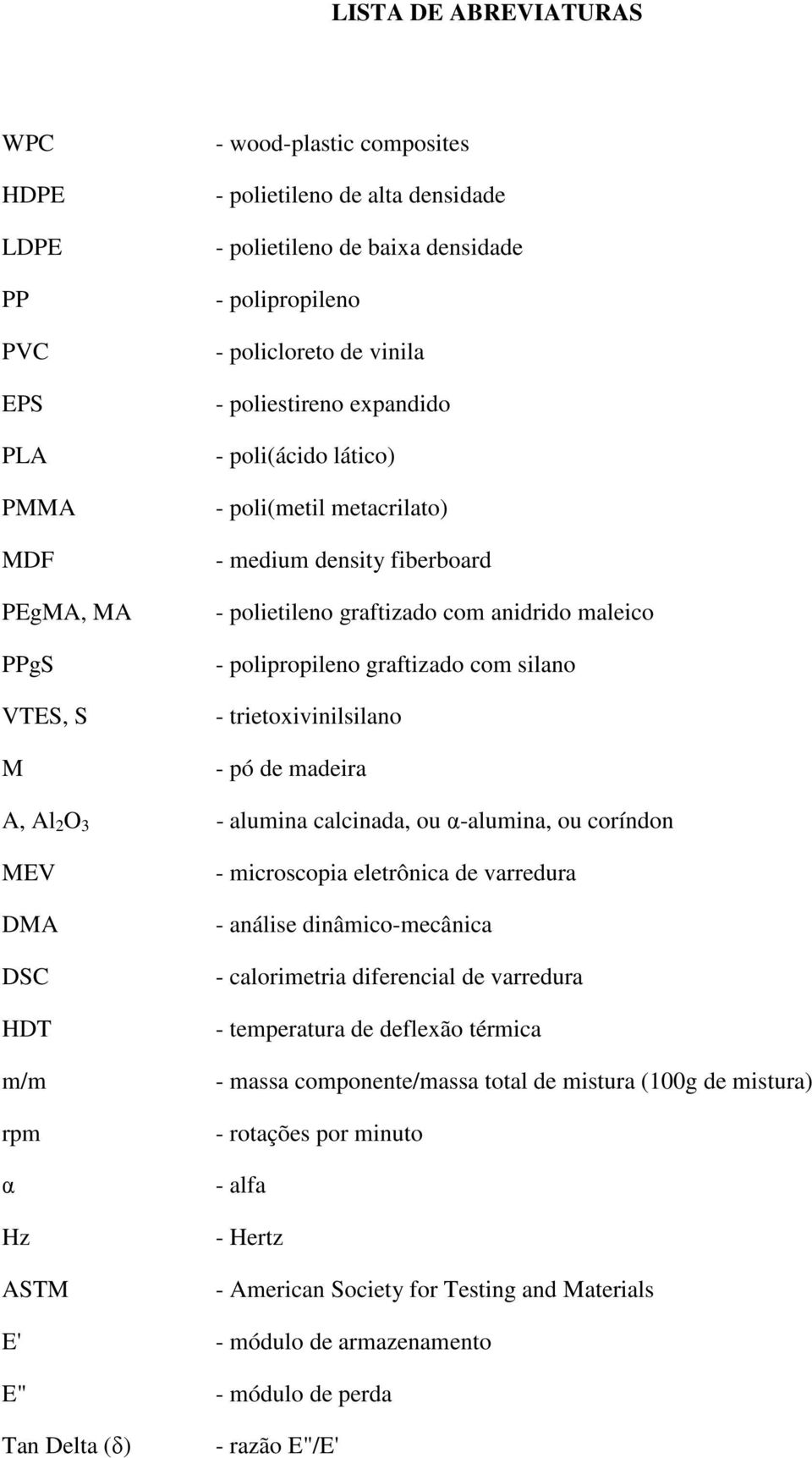 silano - trietoxivinilsilano - pó de madeira A, Al 2 O 3 - alumina calcinada, ou α-alumina, ou coríndon MEV DMA DSC HDT m/m rpm α Hz ASTM E' - microscopia eletrônica de varredura - análise