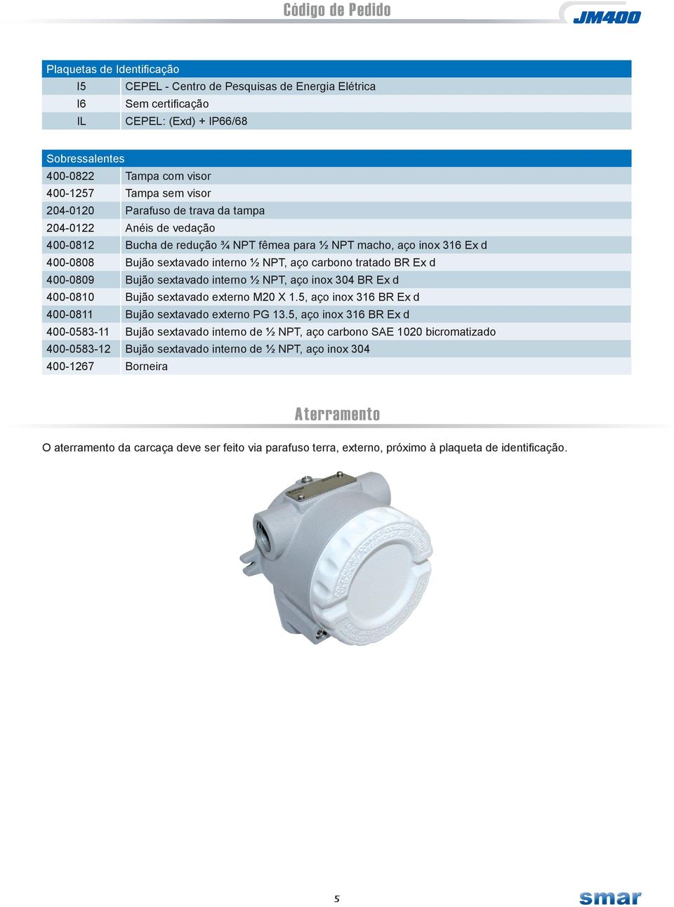 carbono tratado BR Ex d 400-0809 Bujão sextavado interno ½ NPT, aço inox 304 BR Ex d 400-0810 Bujão sextavado externo M20 X 1.5, aço inox 316 BR Ex d 400-0811 Bujão sextavado externo PG 13.