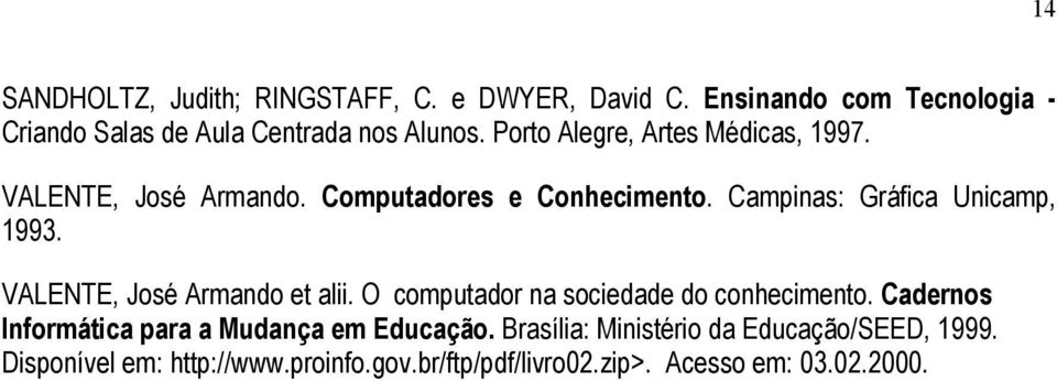 VALENTE, José Armando et alii. O computador na sociedade do conhecimento. Cadernos Informática para a Mudança em Educação.