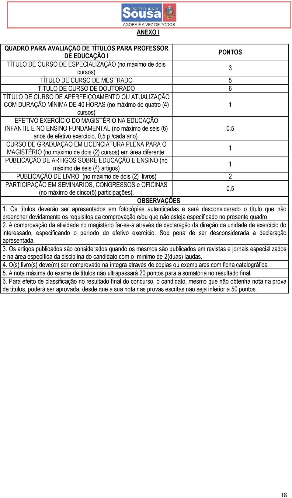 máximo de seis (6) 0,5 anos de efetivo exercício, 0,5 p /cada ano). CURSO DE GRADUAÇÃO EM LICENCIATURA PLENA PARA O 1 MAGISTÉRIO (no máximo de dois (2) cursos) em área diferente.