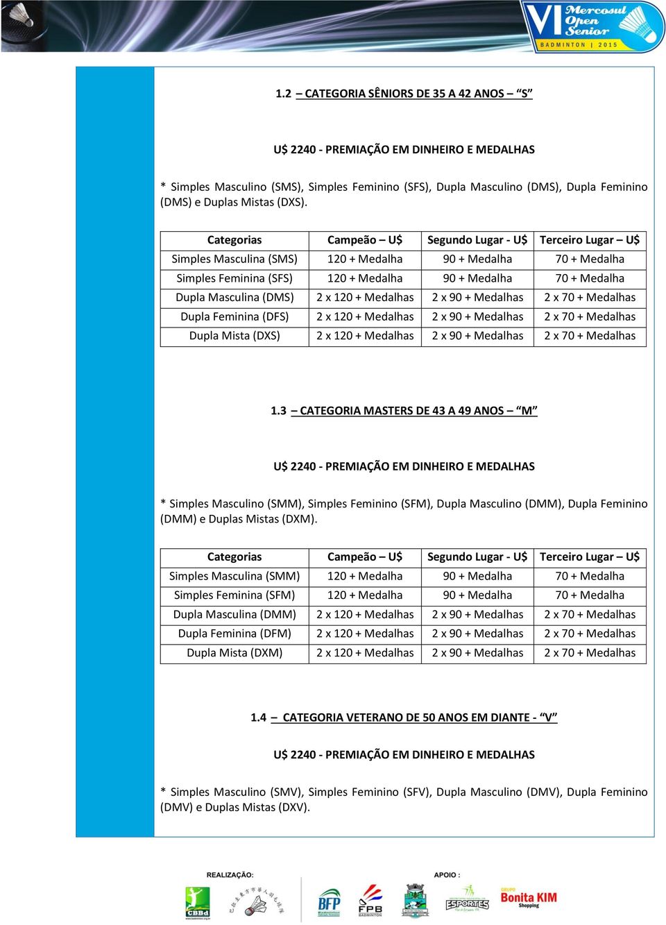 Masculina (DMS) 2 x 120 + Medalhas 2 x 90 + Medalhas 2 x 70 + Medalhas Dupla Feminina (DFS) 2 x 120 + Medalhas 2 x 90 + Medalhas 2 x 70 + Medalhas Dupla Mista (DXS) 2 x 120 + Medalhas 2 x 90 +