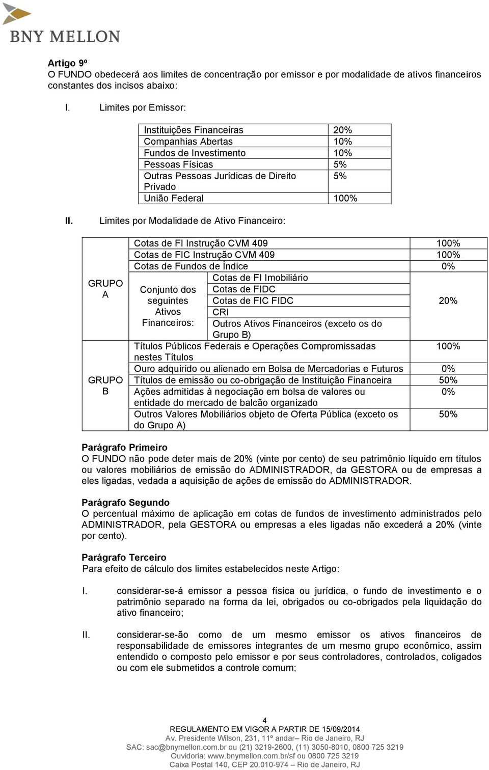 Limites por Modalidade de Ativo Financeiro: GRUPO A GRUPO B Cotas de FI Instrução CVM 409 100% Cotas de FIC Instrução CVM 409 100% Cotas de Fundos de Índice 0% Conjunto dos seguintes Ativos