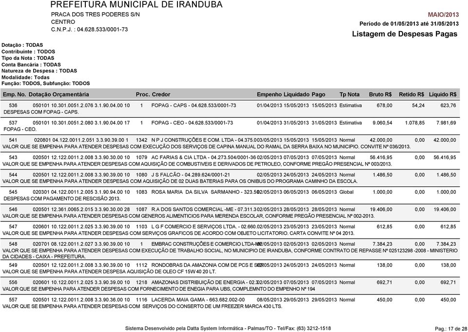 375.003/05/2013 15/05/2013 15/05/2013 Normal 42.000,00 VALOR QUE SE EMPENHA PARA ATENDER DESPESAS COM EXECUÇÃO DOS SERVIÇOS DE CAPINA MANUAL DO RAMAL DA SERRA BAIXA NO MUNICIPIO. CONVITE Nº 036/2013.