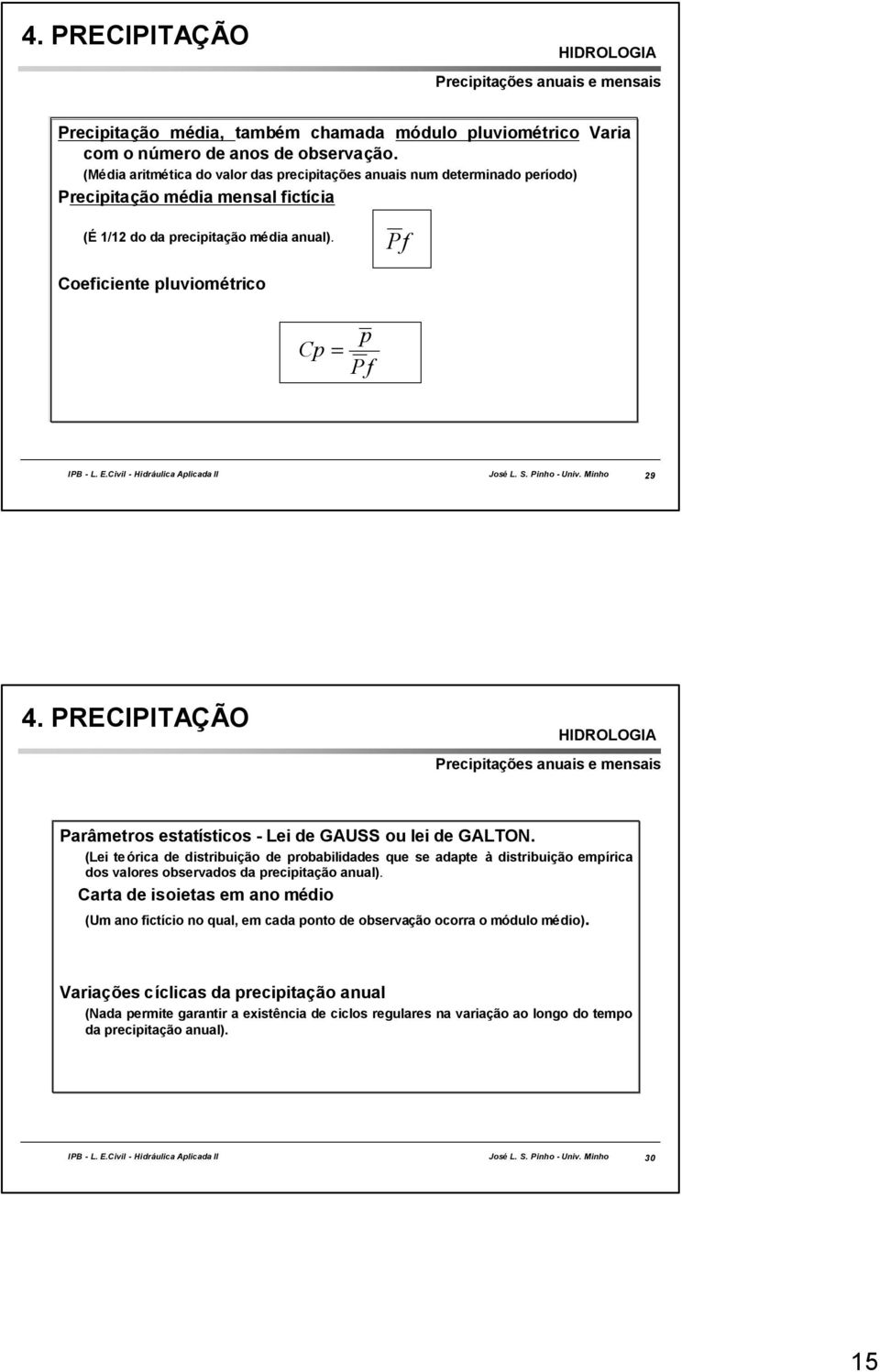 Pf Coeficiente pluviométrico Cp = p Pf 29 Precipitações anuais e mensais Parâmetros estatísticos - Lei de GAUSS ou lei de GALTON.