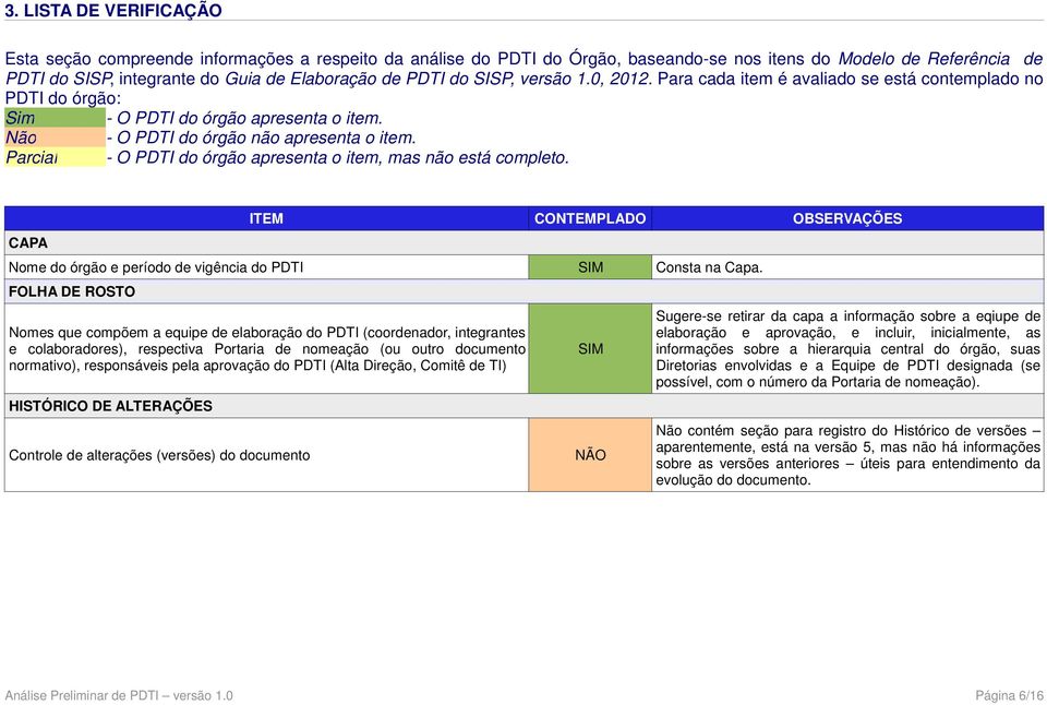 Parcial - O PDTI do órgão apresenta o item, mas não está completo. CAPA ITEM CONTEMPLADO OBSERVAÇÕES Nome do órgão e período de vigência do PDTI Consta na Capa.