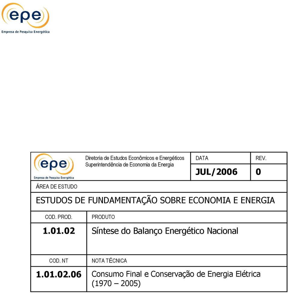 0 ÁREA DE ESTUDO ESTUDOS DE FUNDAMENTAÇÃO SOBRE ECONOMIA E ENERGIA COD. PROD. 1.01.