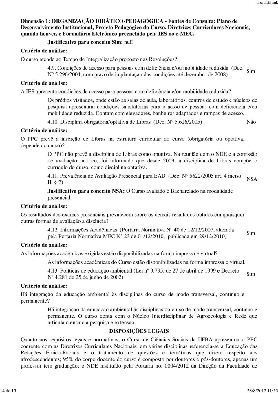 296/2004, com prazo de implantação das condições até dezembro de 2008) A IES apresenta condições de acesso para pessoas com deficiência e/ou mobilidade reduzida?