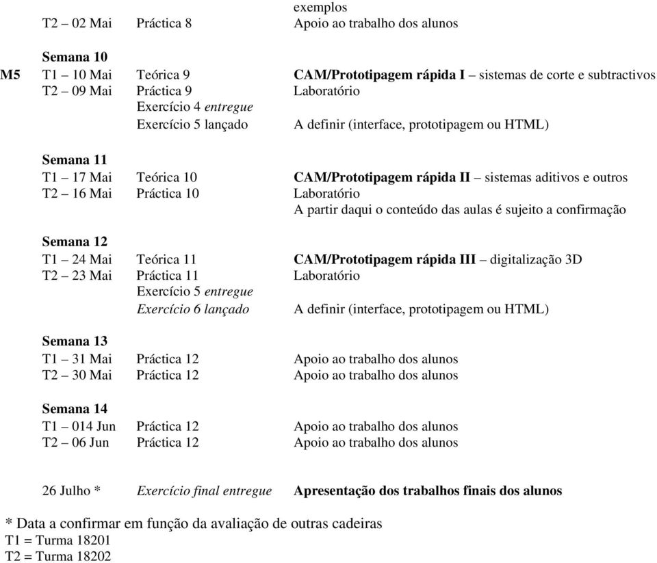 partir daqui o conteúdo das aulas é sujeito a confirmação Semana 12 T1 24 Mai Teórica 11 CAM/Prototipagem rápida III digitalização 3D T2 23 Mai Práctica 11 Laboratório Exercício 5 entregue Exercício