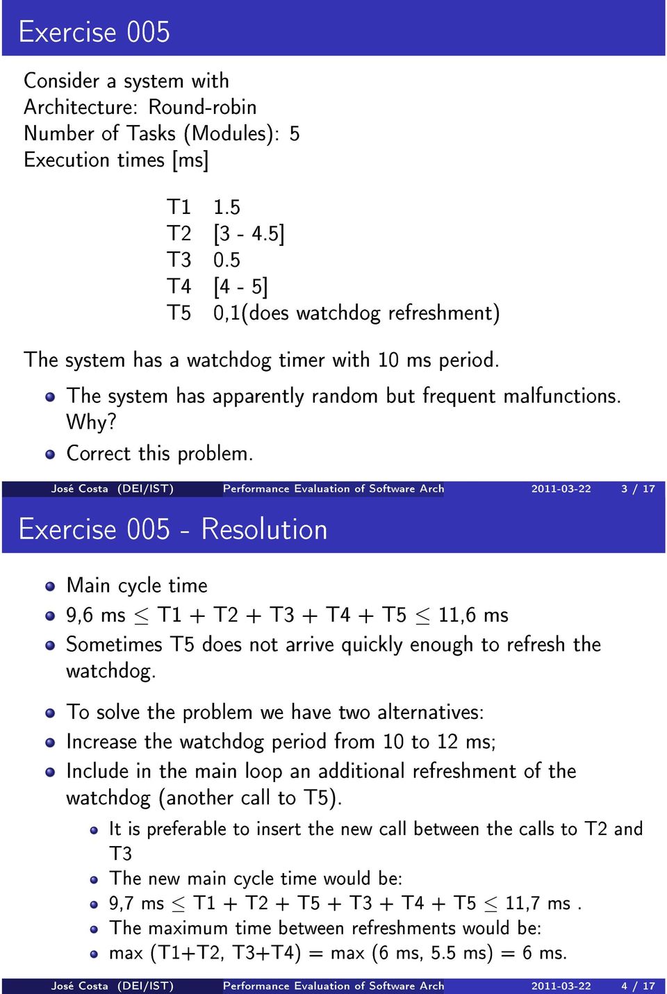 José Costa (DEI/IST) Performance Evaluation of Software Architectures 2011-03-22 3 / 17 Exercise 005 - Resolution Main cycle time 9,6 ms T1 + T2 + T3 + T4 + T5 11,6 ms Sometimes T5 does not arrive