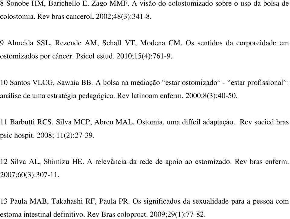 A bolsa na mediação estar ostomizado - estar profissional : análise de uma estratégia pedagógica. Rev latinoam enferm. 2000;8(3):40-50. 11 Barbutti RCS, Silva MCP, Abreu MAL.