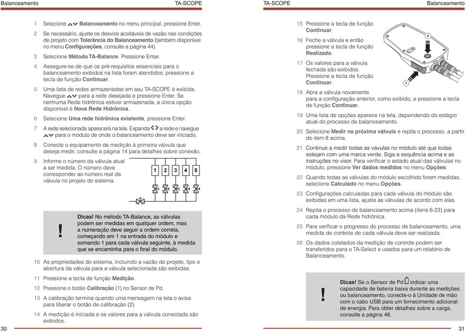 3 Selecione Método TA-Balance. Pressione Enter. 4 Assegure-se de que os pré-requisitos essenciais para o balanceamento exibidos na lista foram atendidos, pressione a tecla de função Continuar.