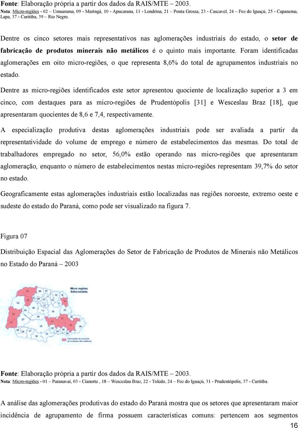 Dentre os cinco setores mais representativos nas aglomerações industriais do estado, o setor de fabricação de produtos minerais não metálicos é o quinto mais importante.