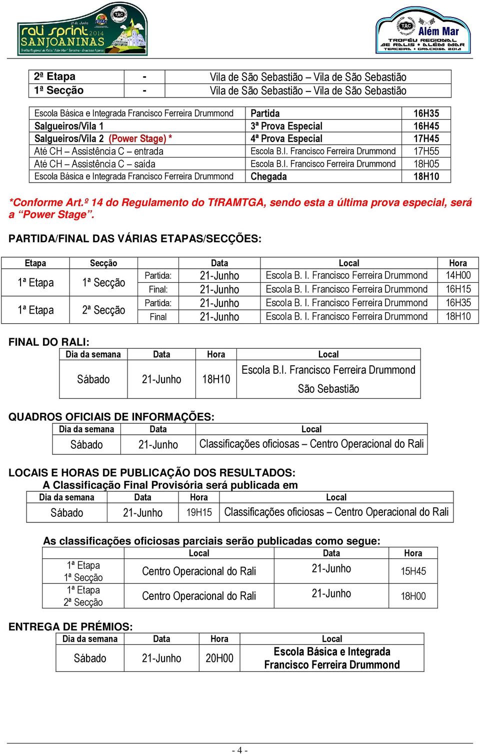 º 14 do Regulamento do TfRAMTGA, sendo esta a última prova especial, será a Power Stage. PARTIDA/FINAL DAS VÁRIAS ETAPAS/SECÇÕES: Etapa Secção Data Local Hora Partida: 21-Junho Escola B. I.