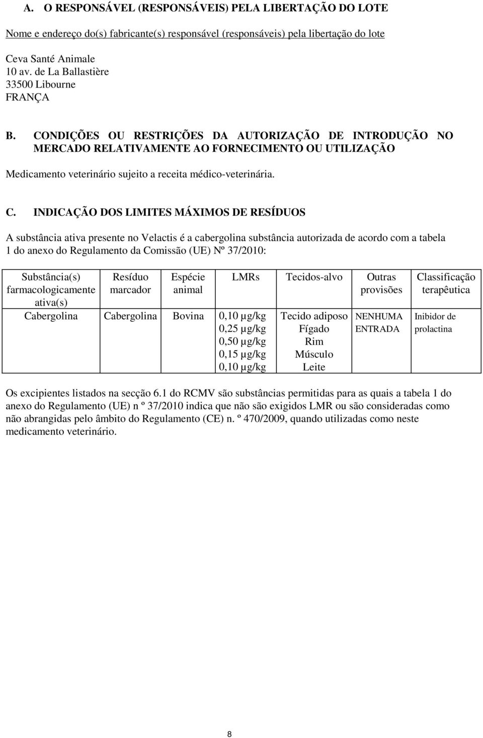 CONDIÇÕES OU RESTRIÇÕES DA AUTORIZAÇÃO DE INTRODUÇÃO NO MERCADO RELATIVAMENTE AO FORNECIMENTO OU UTILIZAÇÃO Medicamento veterinário sujeito a receita médico-veterinária. C.