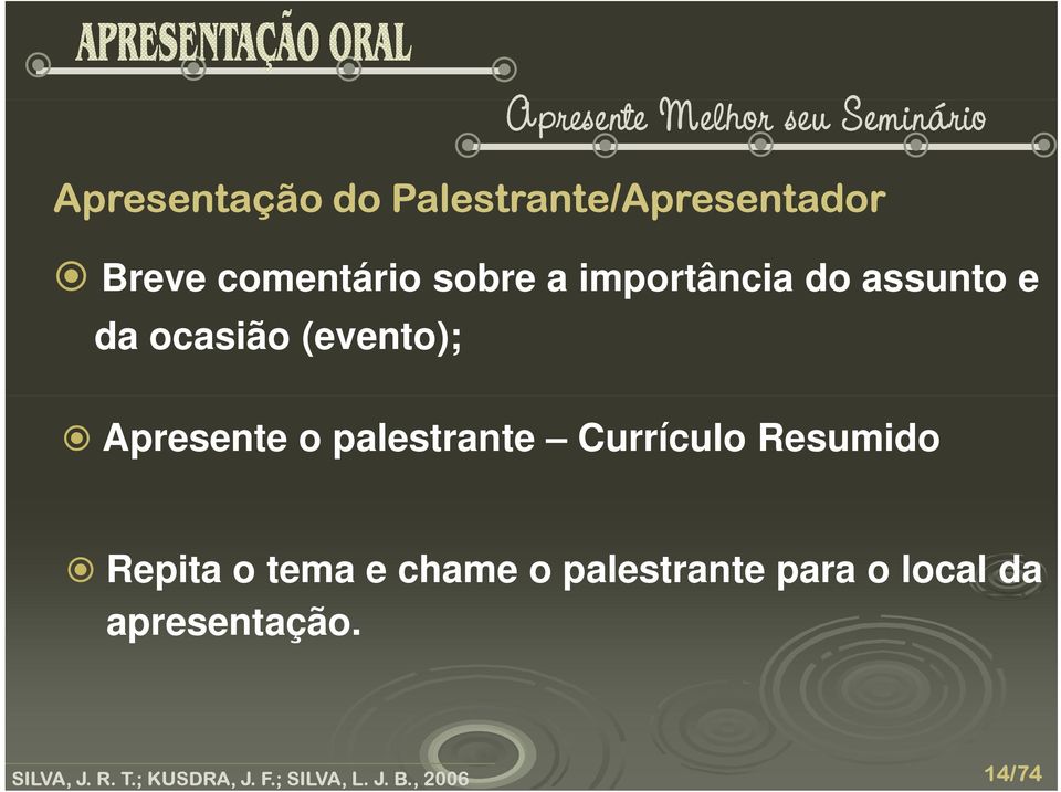 assunto e da ocasião (evento); Apresente o palestrante Currículo