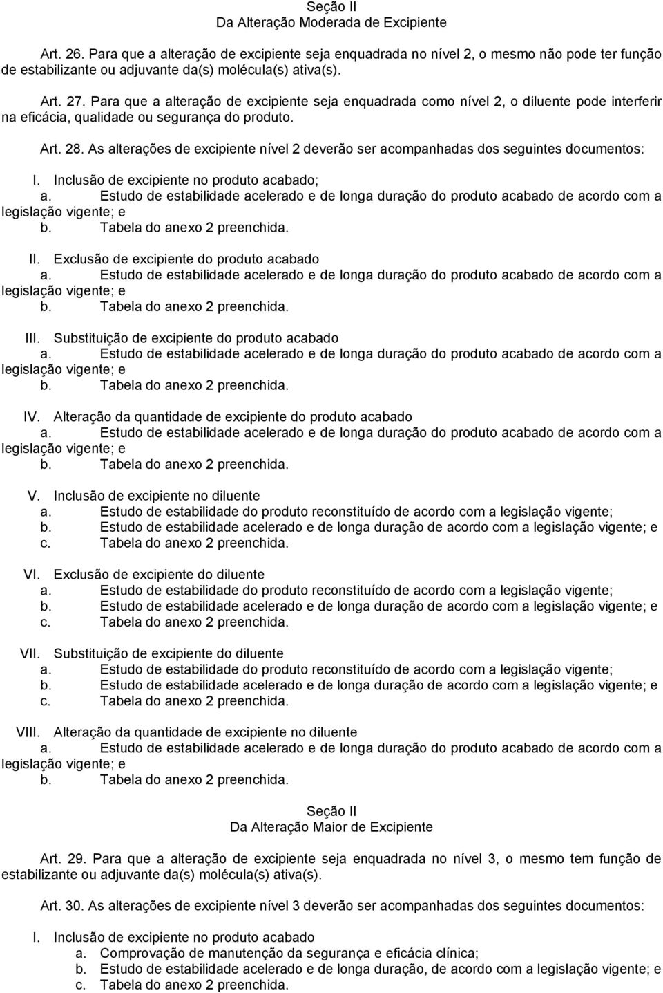 As alterações de excipiente nível 2 deverão ser acompanhadas dos seguintes documentos: I. Inclusão de excipiente no produto acabado; a.