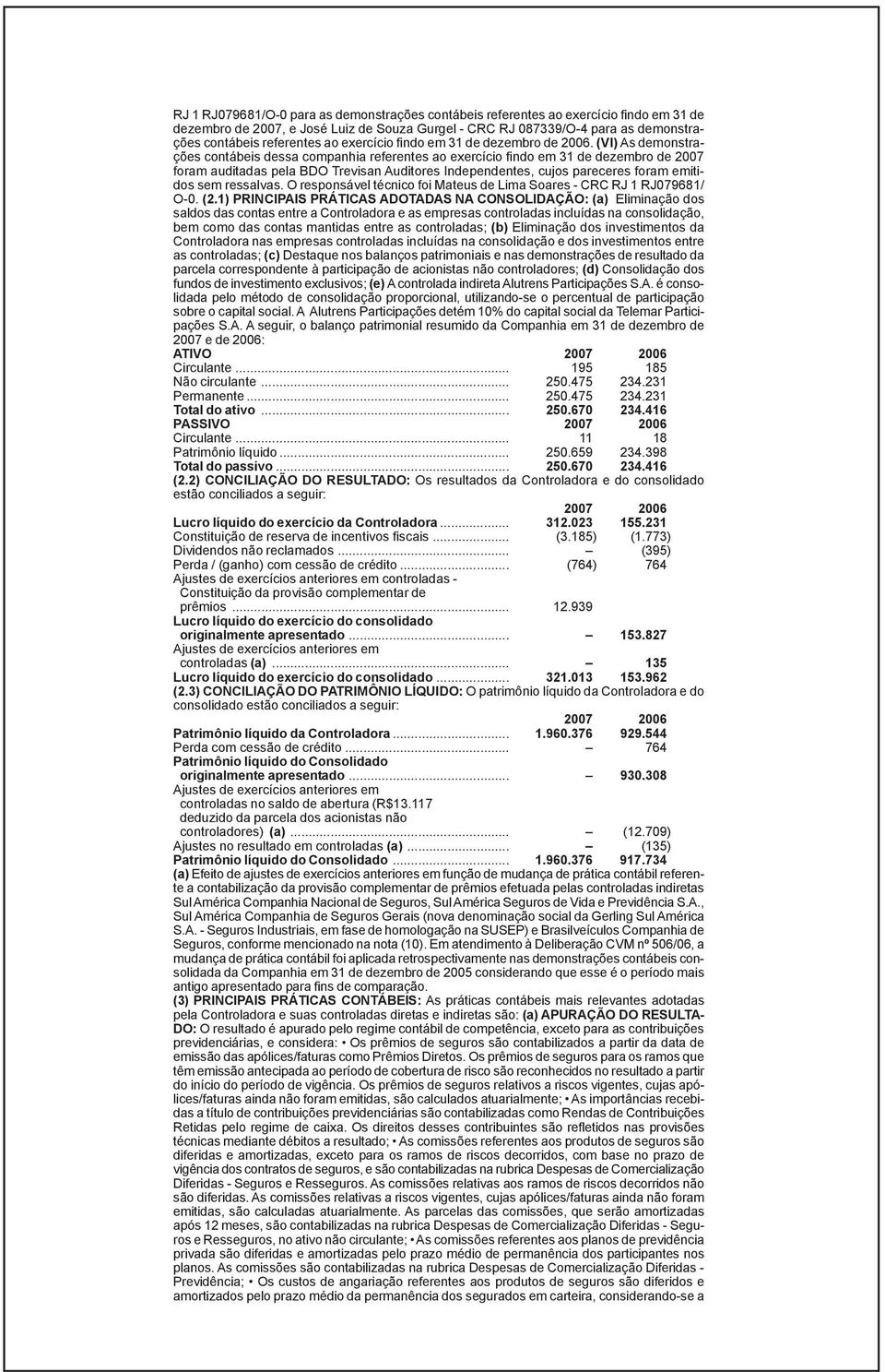 (VI) As demonstrações contábeis dessa companhia referentes ao exercício findo em 31 de dezembro de 2007 foram auditadas pela BDO Trevisan Auditores Independentes, cujos pareceres foram emitidos sem