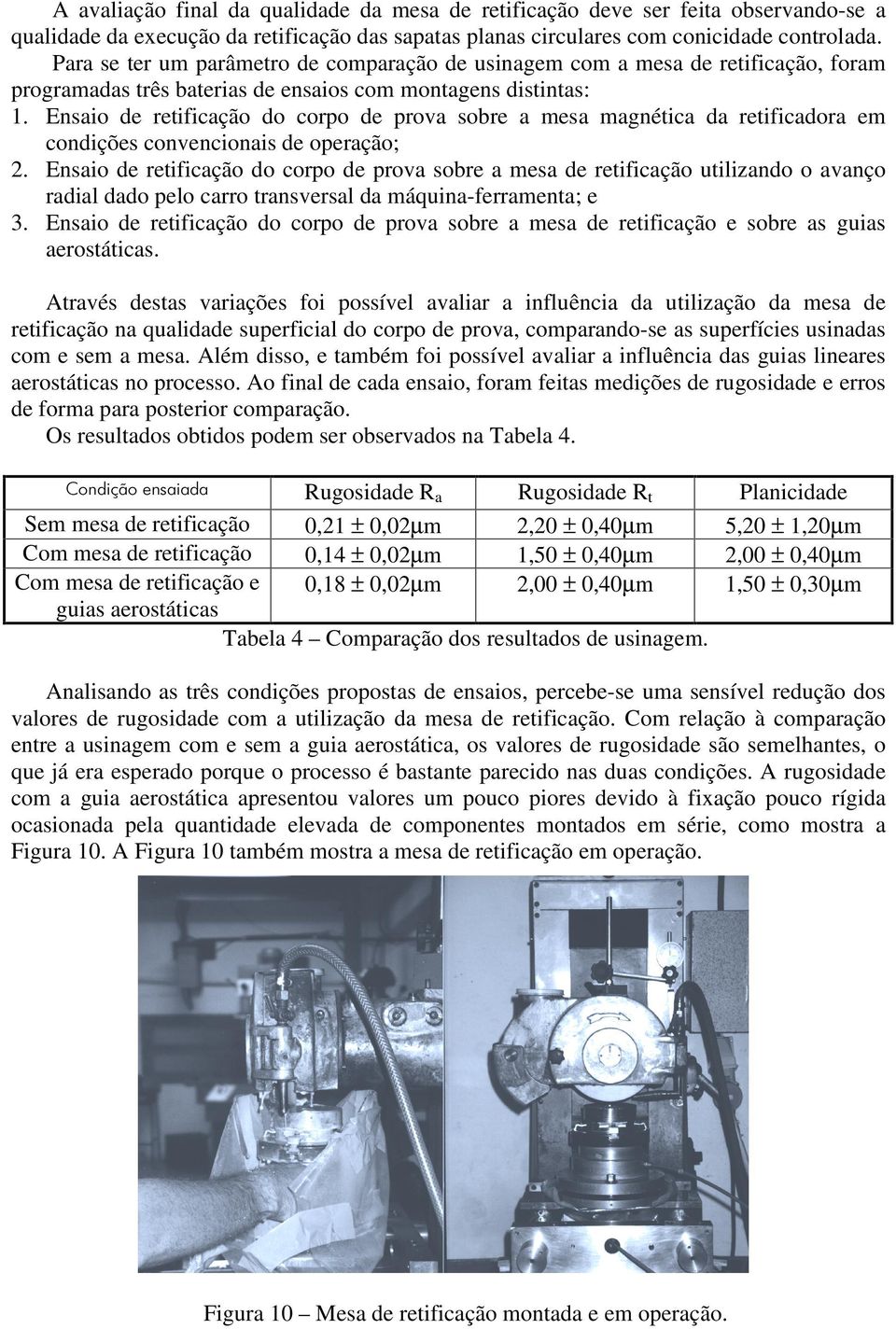 Ensaio de retificação do corpo de prova sobre a mesa magnética da retificadora em condições convencionais de operação; 2.