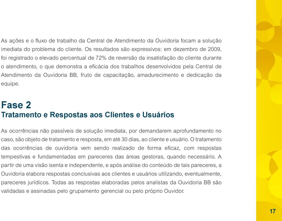 desenvolvidos pela Central de Atendimento da Ouvidoria BB, fruto de capacitação, amadurecimento e dedicação da equipe.