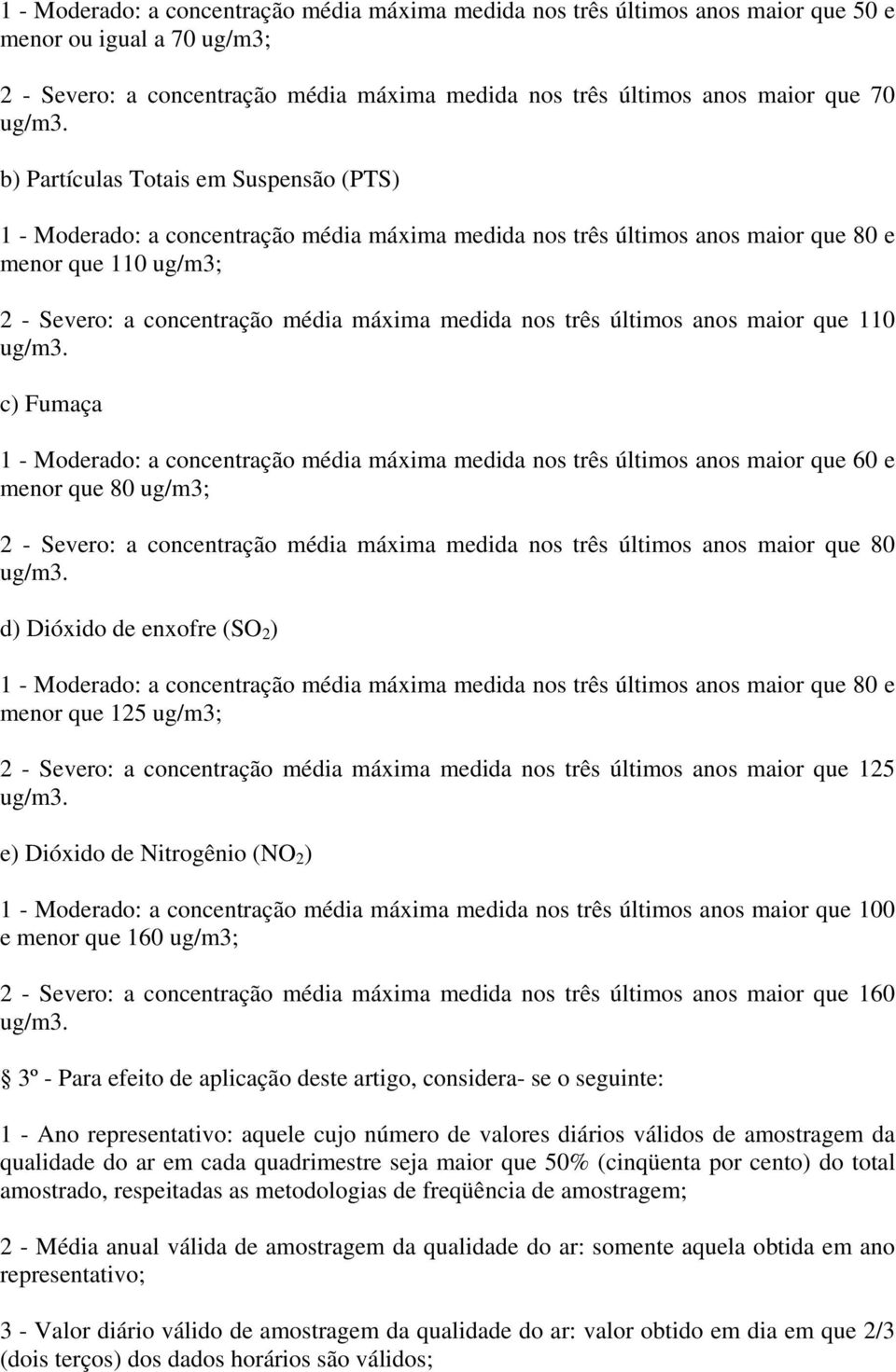 últimos anos maior que 110 c) Fumaça 1 - Moderado: a concentração média máxima medida nos três últimos anos maior que 60 e menor que 80 ug/m3; 2 - Severo: a concentração média máxima medida nos três