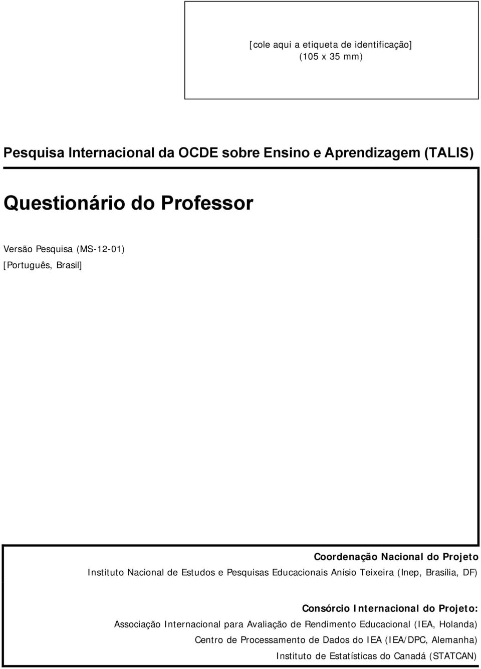 Educacionais Anísio Teixeira (Inep, Brasília, DF) Consórcio Internacional do Projeto: Associação Internacional para Avaliação de