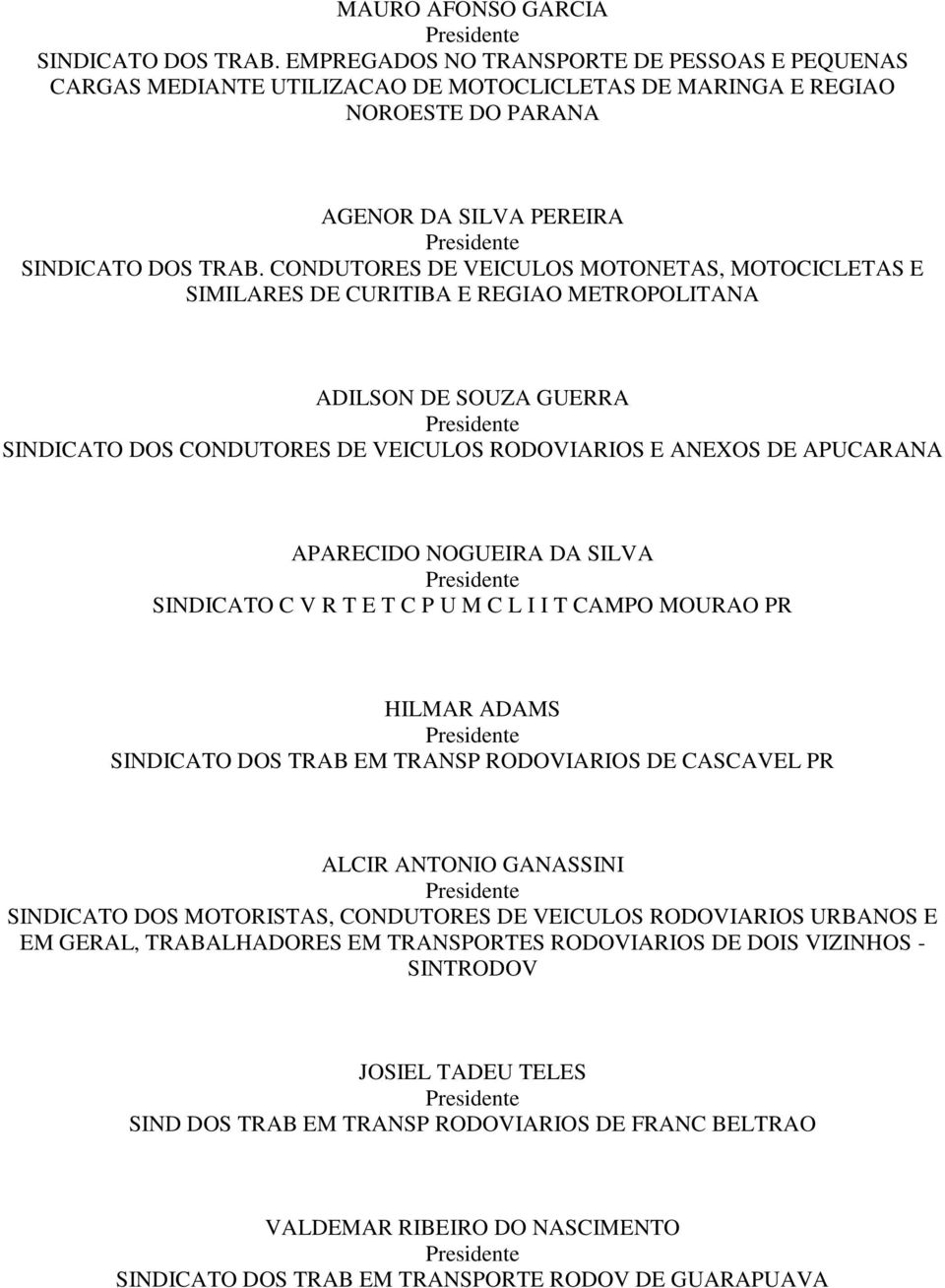 CONDUTORES DE VEICULOS MOTONETAS, MOTOCICLETAS E SIMILARES DE CURITIBA E REGIAO METROPOLITANA ADILSON DE SOUZA GUERRA SINDICATO DOS CONDUTORES DE VEICULOS RODOVIARIOS E ANEXOS DE APUCARANA APARECIDO