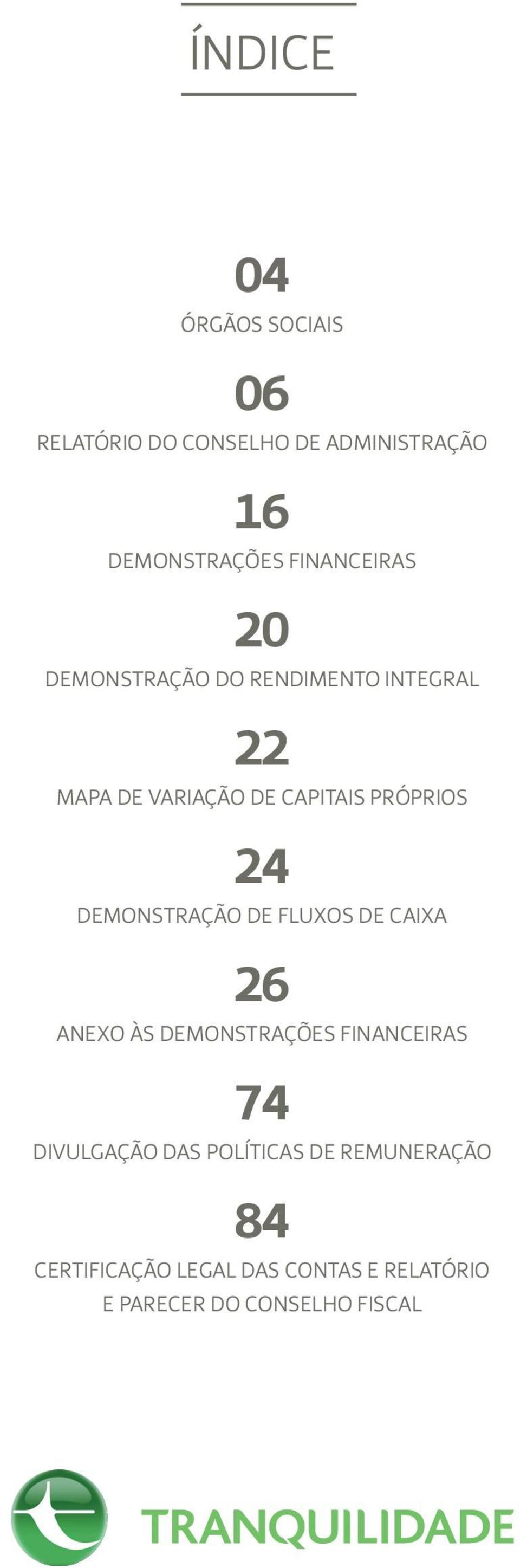 24 DEMONSTRAÇÃO DE FLUXOS DE CAIXA 26 ANEXO ÀS DEMONSTRAÇÕES FINANCEIRAS 74 DIVULGAÇÃO DAS