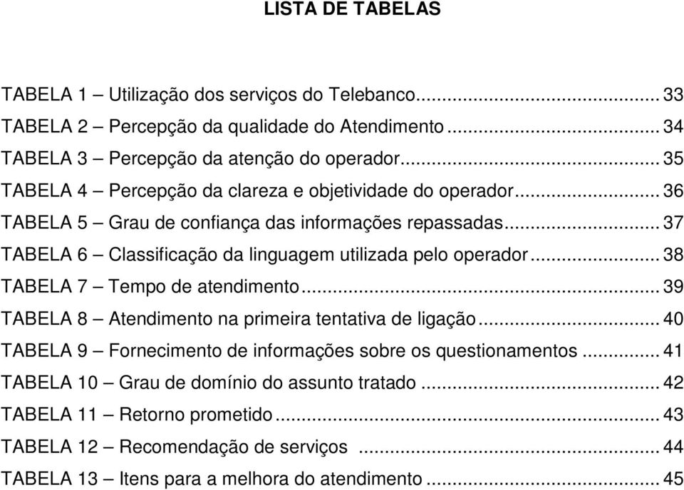 .. 37 TABELA 6 Classificação da linguagem utilizada pelo operador... 38 TABELA 7 Tempo de atendimento... 39 TABELA 8 Atendimento na primeira tentativa de ligação.