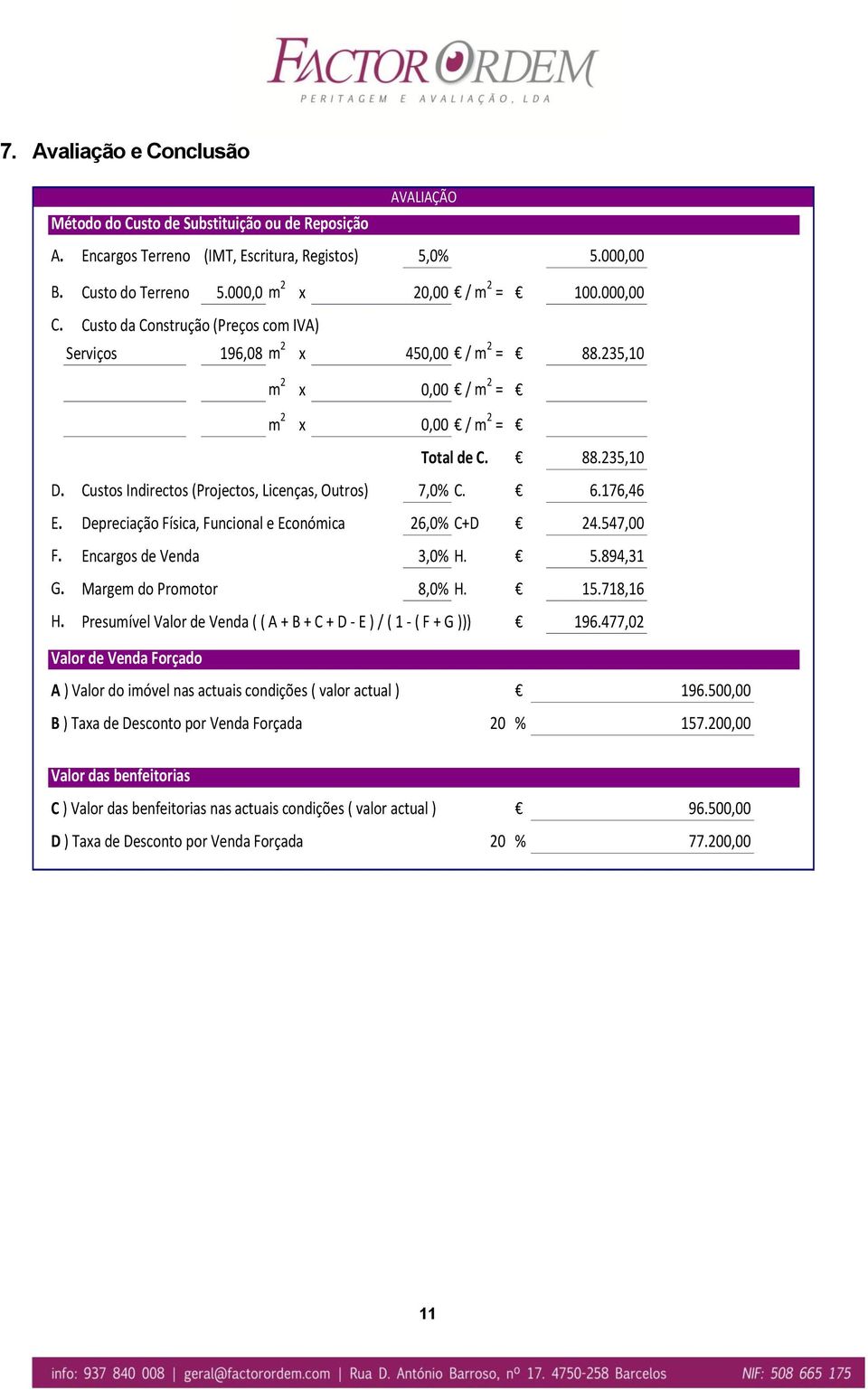 Custos Indirectos (Projectos, Licenças, Outros) 7,0% C. 6.176,46 E. Depreciação Física, Funcional e Económica 26,0% C+D 24.547,00 F. Encargos de Venda 3,0% H. 5.894,31 G. Margem do Promotor 8,0% H.