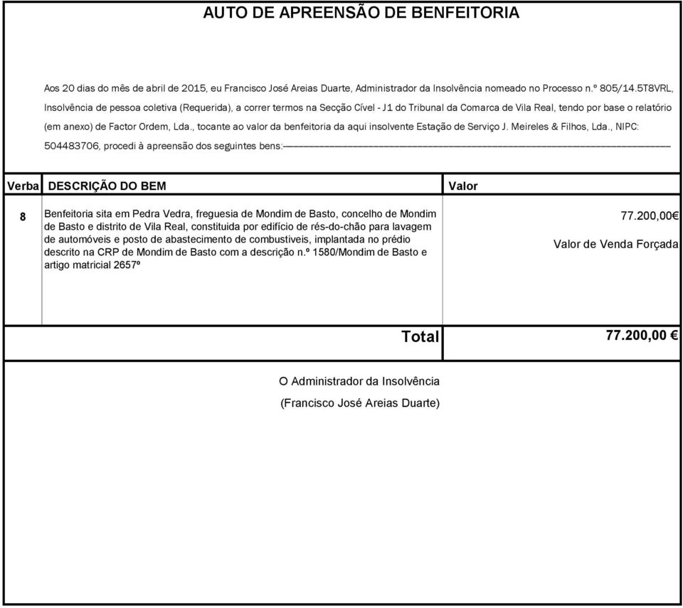 , tocante ao valor da benfeitoria da aqui insolvente Estação de Serviço J. Meireles & Filhos, Lda.