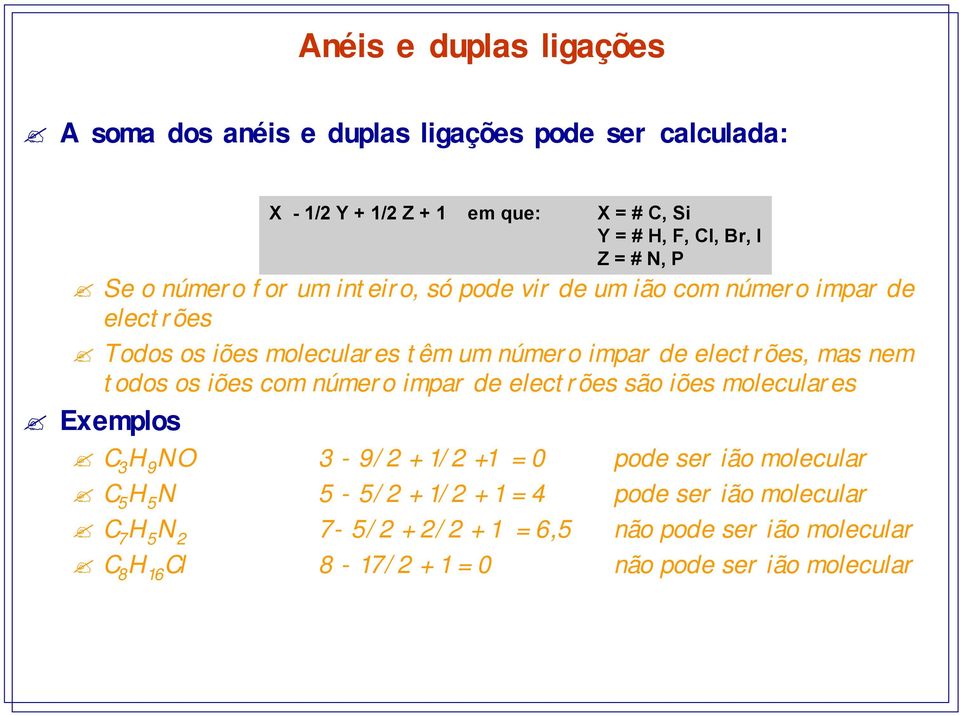 Exemplos X - 1/2 Y + 1/2 Z + 1 em que: X = # C, Si Y = # H, F, Cl, Br, I Z = # N, P C 3 H 9 NO 3-9/2 + 1/2 +1 = 0 pode ser ião molecular C 5 H 5 N