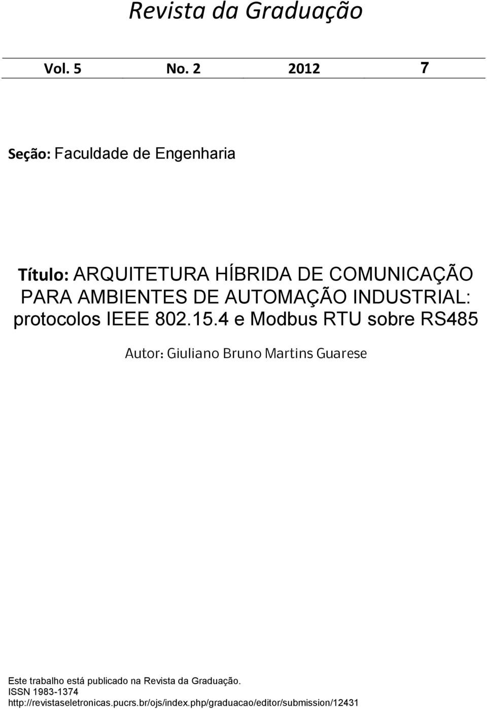 DE AUTOMAÇÃO INDUSTRIAL: protocolos IEEE 802.15.