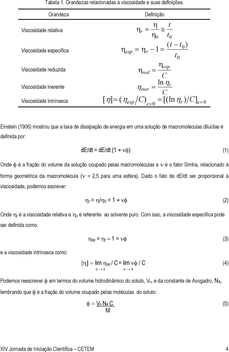 η] = ( η C) = [(ln η ) C] esp c= 0 r c= 0 Einstein (1906) mostrou que a taxa de dissipação de energia em uma solução de macromoléculas diluídas é definida por: de/dt = de/dt (1 + νφ) (1) Onde φ é a