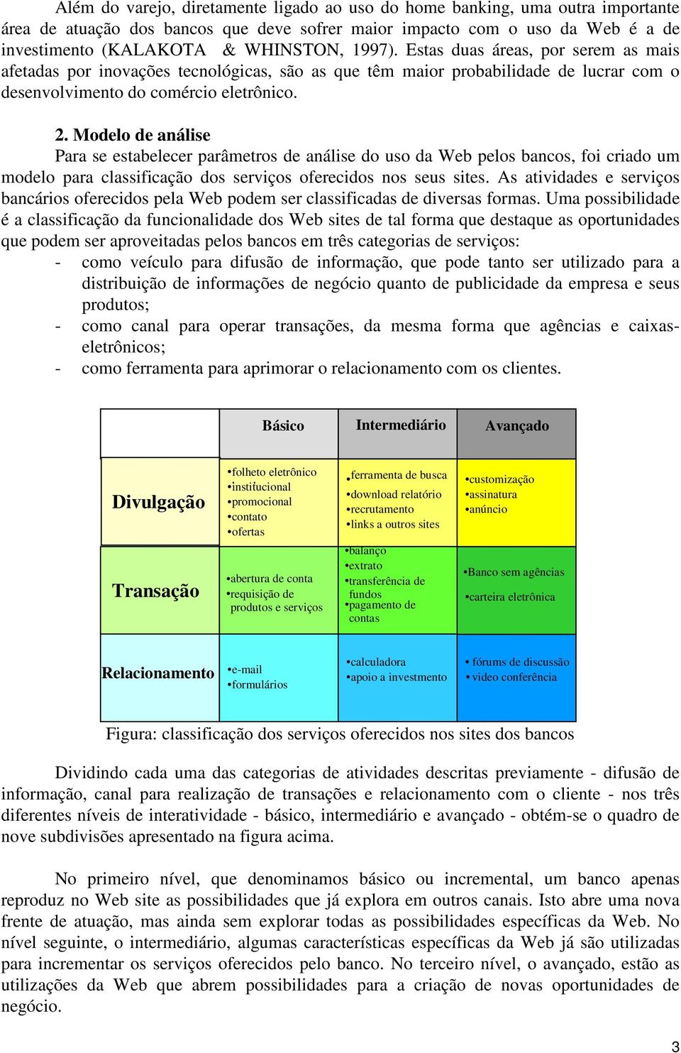 Modelo de análise Para se estabelecer parâmetros de análise do uso da Web pelos bancos, foi criado um modelo para classificação dos serviços oferecidos nos seus sites.